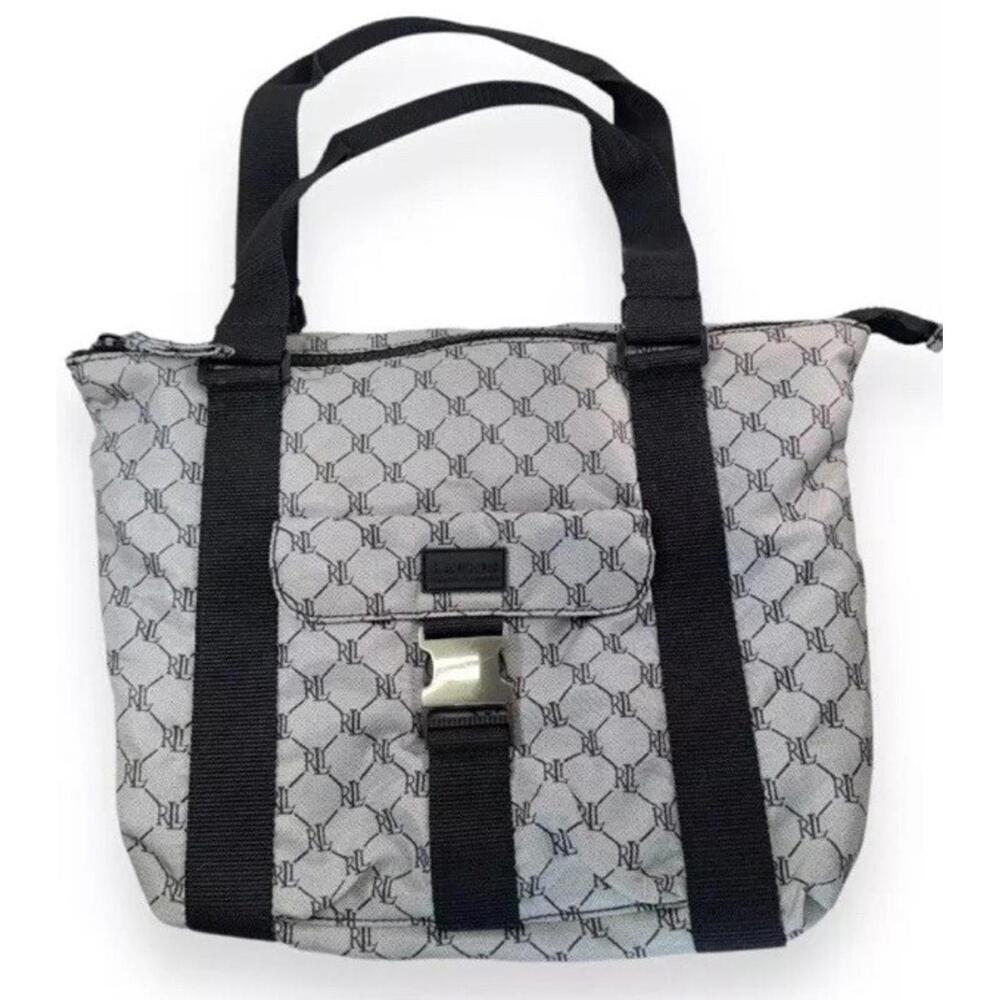 Lauren Ralph Lauren Monogram Logo Nylon Canvas Tote Bag Purse 17”x11”